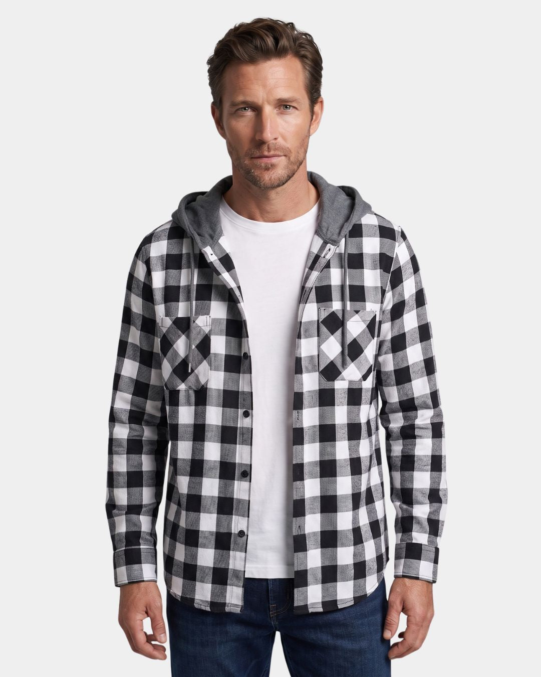 Men's black and white plaid flannel shirt with a grey drawstring hood, button-front, and dual chest pockets.