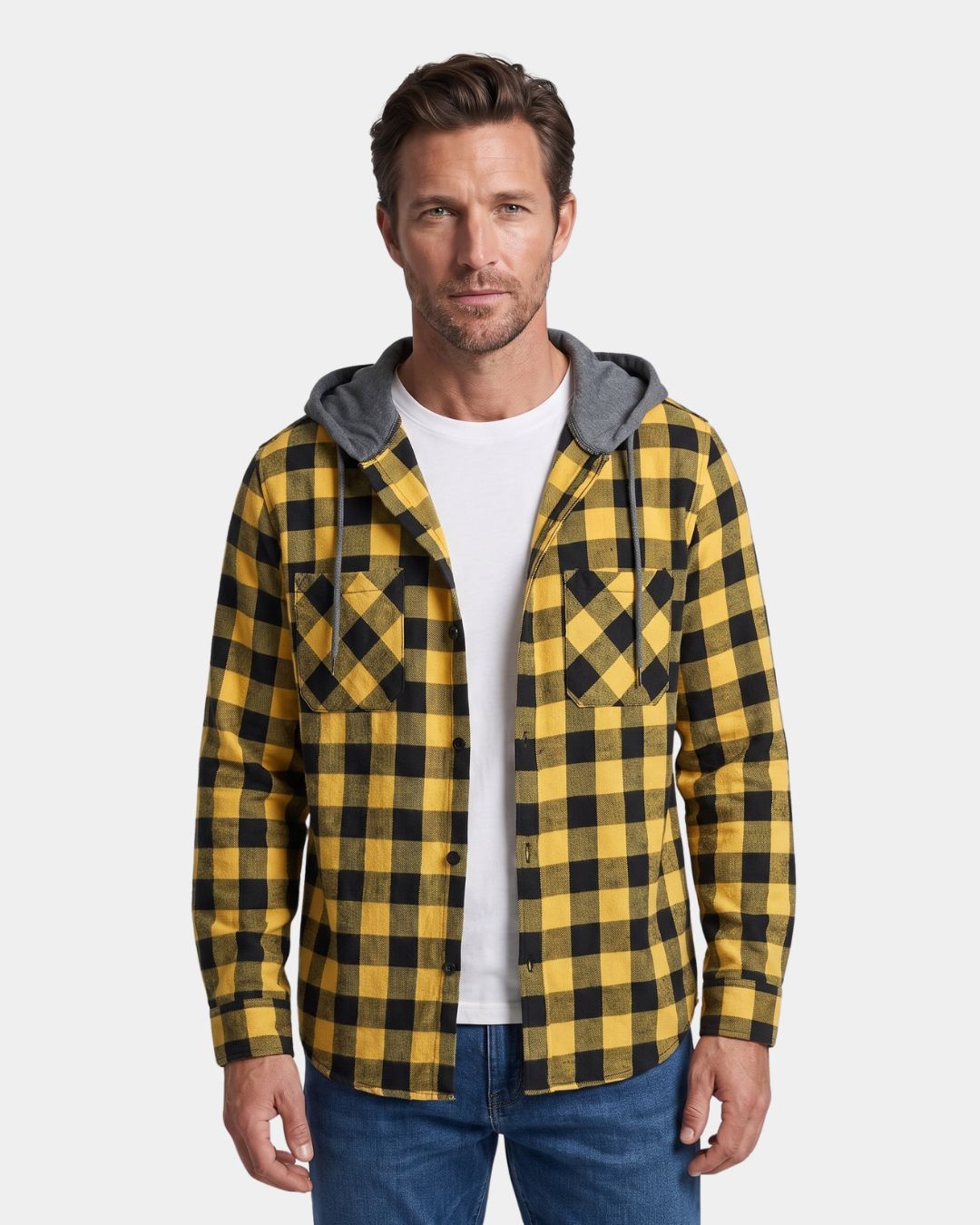 Men's yellow and black plaid flannel shirt featuring a grey drawstring hood, button-front closure, and dual chest pockets.