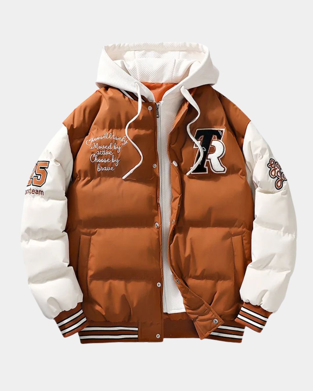 Brown and white hooded varsity puffer jacket with embroidered patches, full-zip front, and striped ribbed trim.