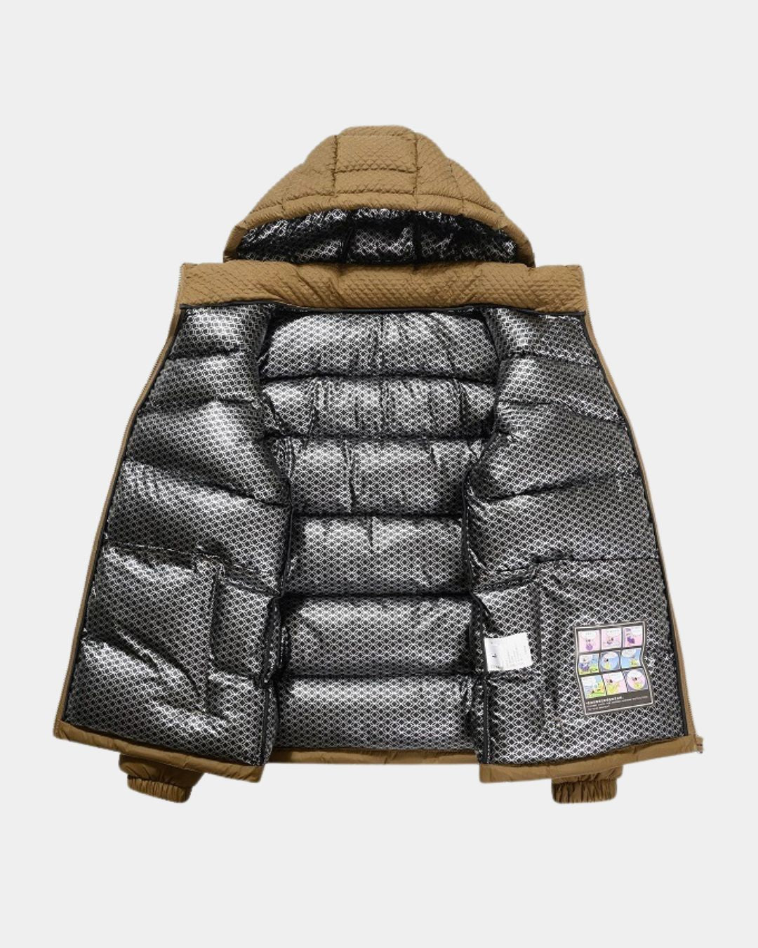 Tan hooded winter puffer jacket with a metallic, patterned thermal lining and textured upper panels.