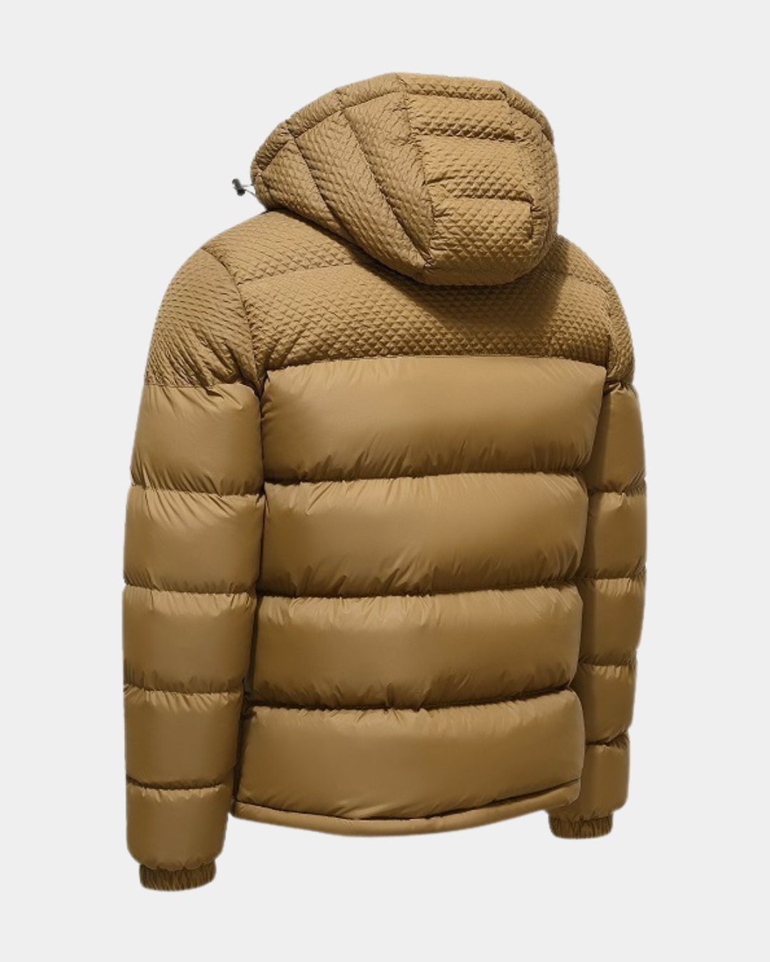 Tan men's hooded puffer jacket with a textured upper panel and insulated quilted design, viewed from the back.