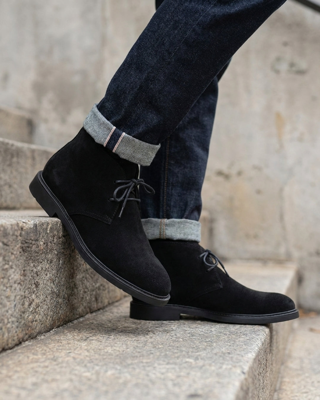 Men’s black suede chukka boots with a two-eyelet lace-up design and rubber sole, worn with cuffed dark denim jeans.