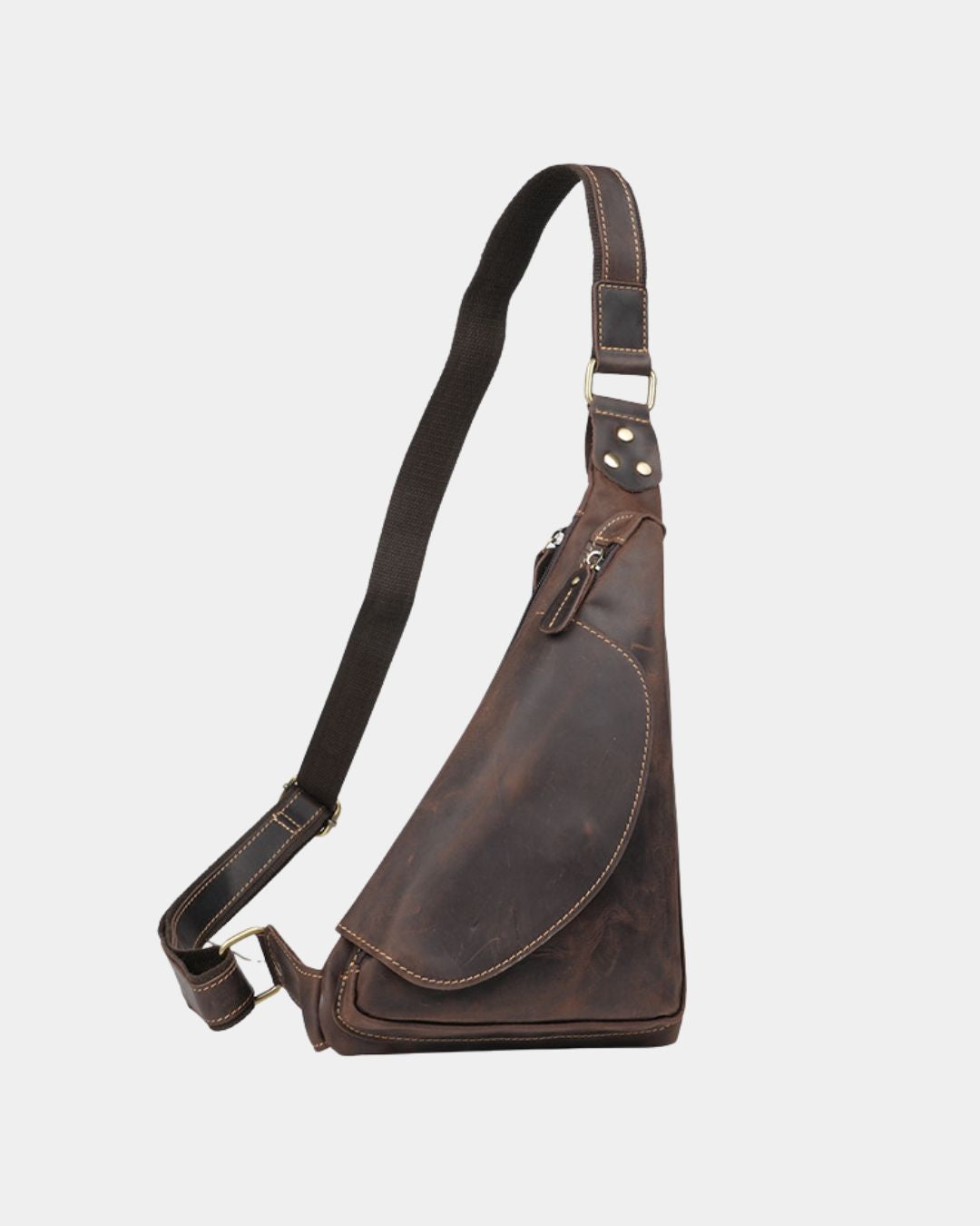 Compact dark brown leather crossbody sling bag with a vintage finish, adjustable shoulder strap, and secure zip closure.