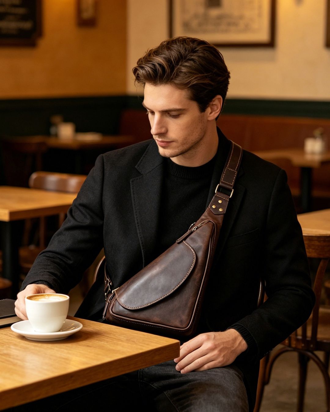 Man wearing a vintage brown leather crossbody sling bag with an adjustable strap in a cafe setting.