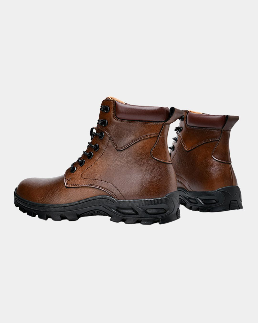 A pair of brown leather lace-up ankle boots with black rugged soles, shown from the side against a light gray background.