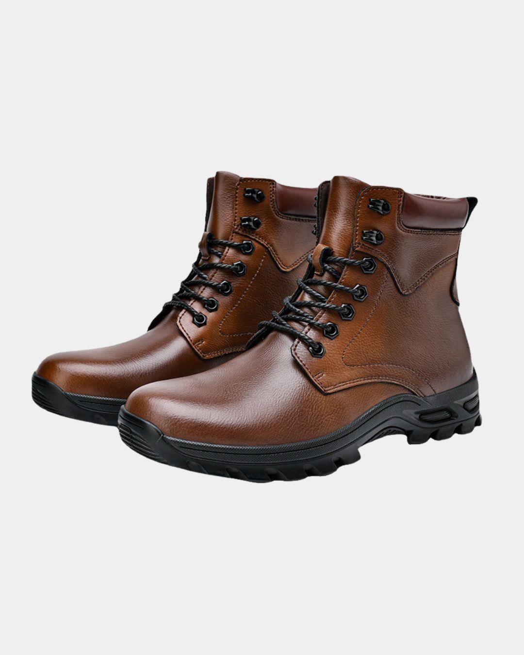 Brown leather men's lace-up combat boots with a padded collar and chunky black lug rubber outsole.