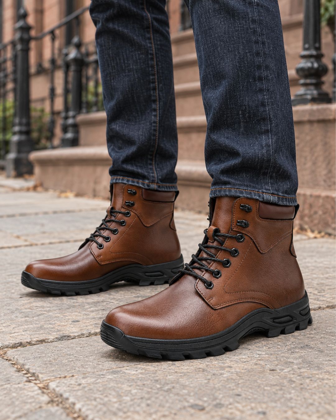 Men’s brown cowhide leather lace-up combat boots with a padded collar and chunky black lug outsole worn with jeans.
