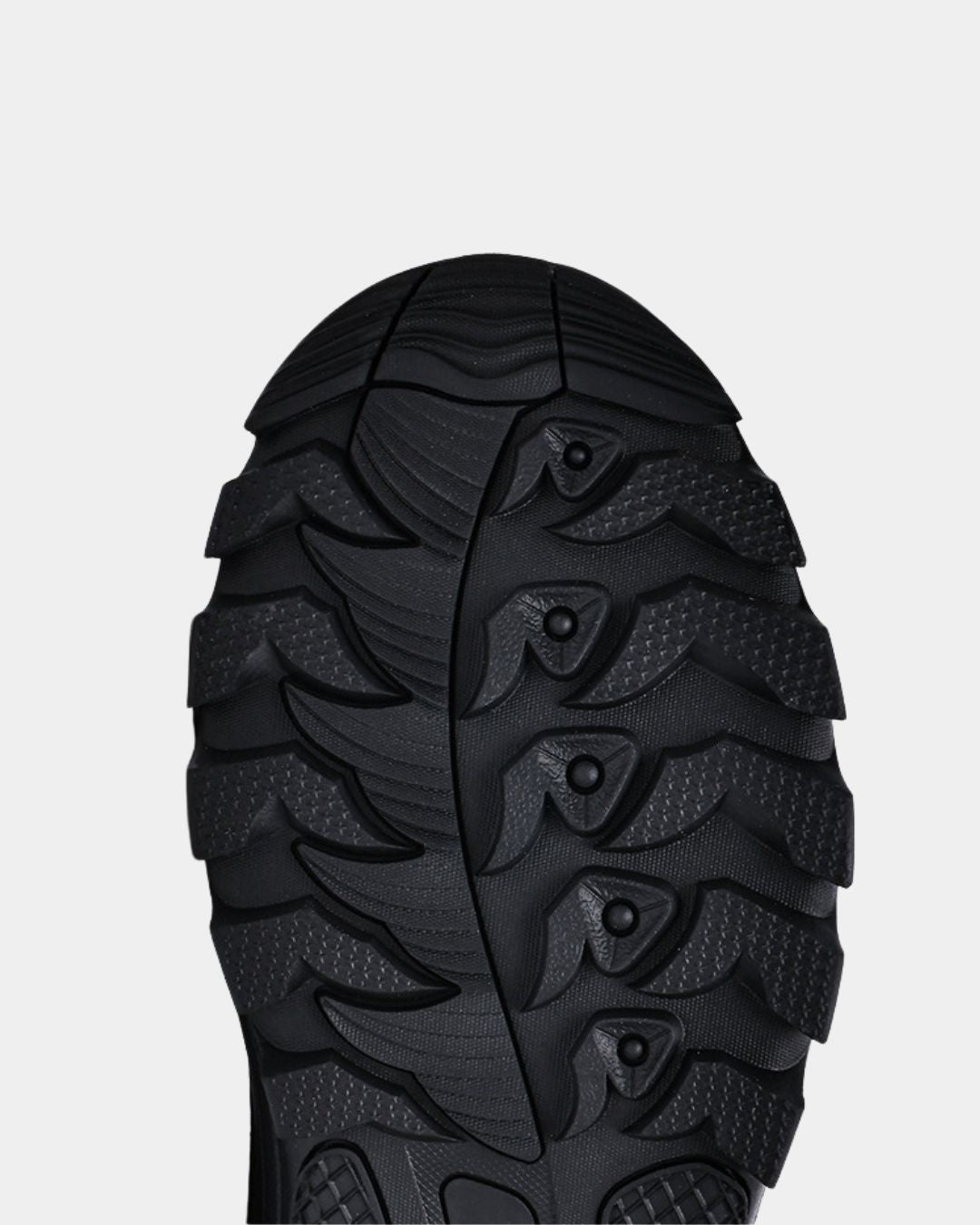 Close up of the rubber sole of a Men’s black cowhide leather lace-up combat boot
