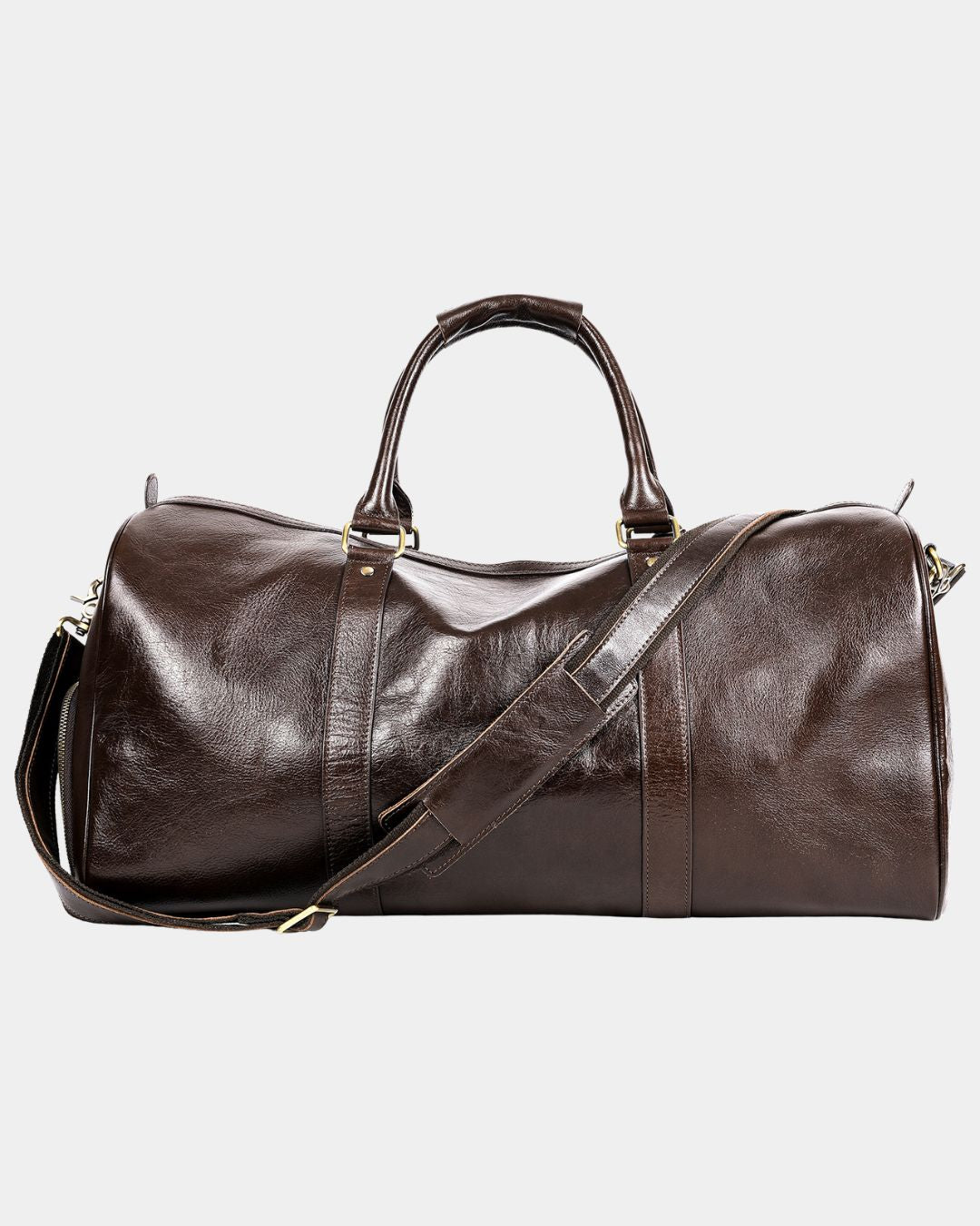 Detail of men's leather weekender duffel bag luggage tag and zip closure