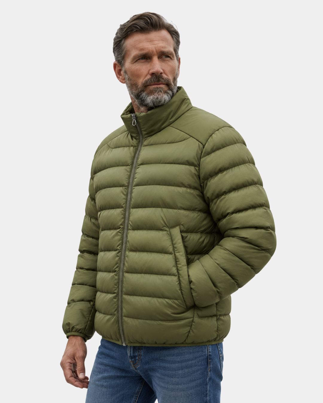 Olive green men’s lightweight duck down puffer jacket with a stand collar, full-zip front, and quilted construction.