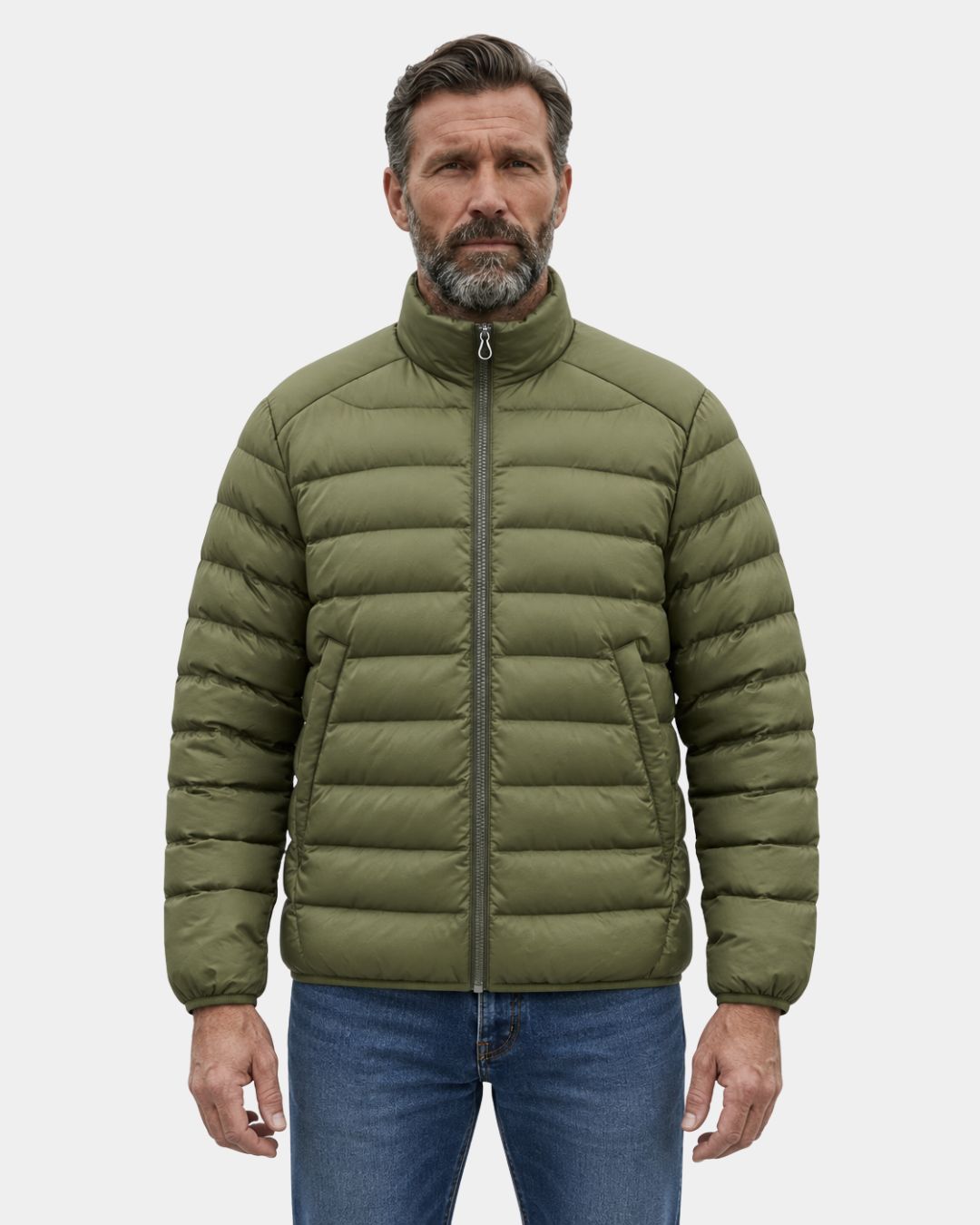 Olive green men’s lightweight duck down puffer jacket with a quilted design, stand collar, and full-zip front closure.