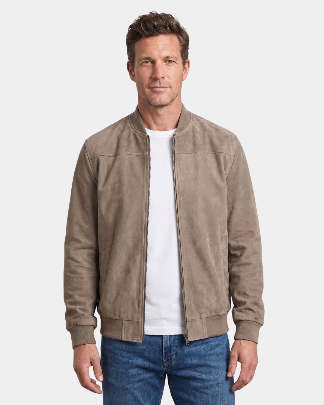 Beige lightweight fleece bomber jacket with a suede-inspired finish, stand collar, and full-zip front.