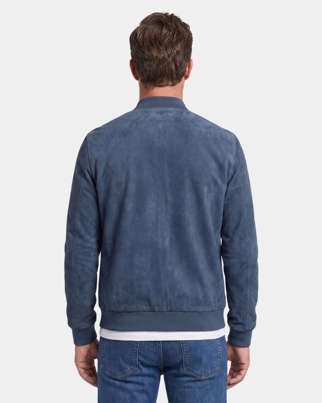 Back view of a blue lightweight fleece bomber jacket with a soft, suede-inspired finish and ribbed trim.