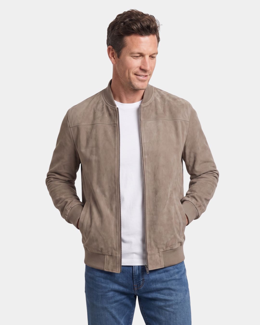 Beige lightweight fleece bomber jacket with a suede-inspired finish, stand collar, and full-zip front.