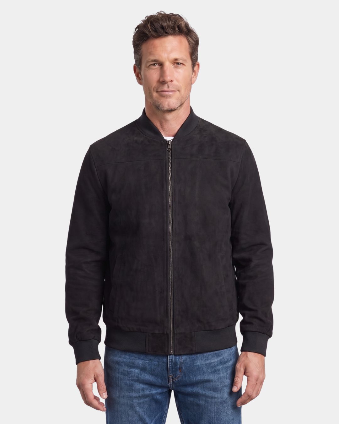 Men’s black lightweight fleece bomber jacket with a soft suede-inspired finish, stand collar, and full-zip front.