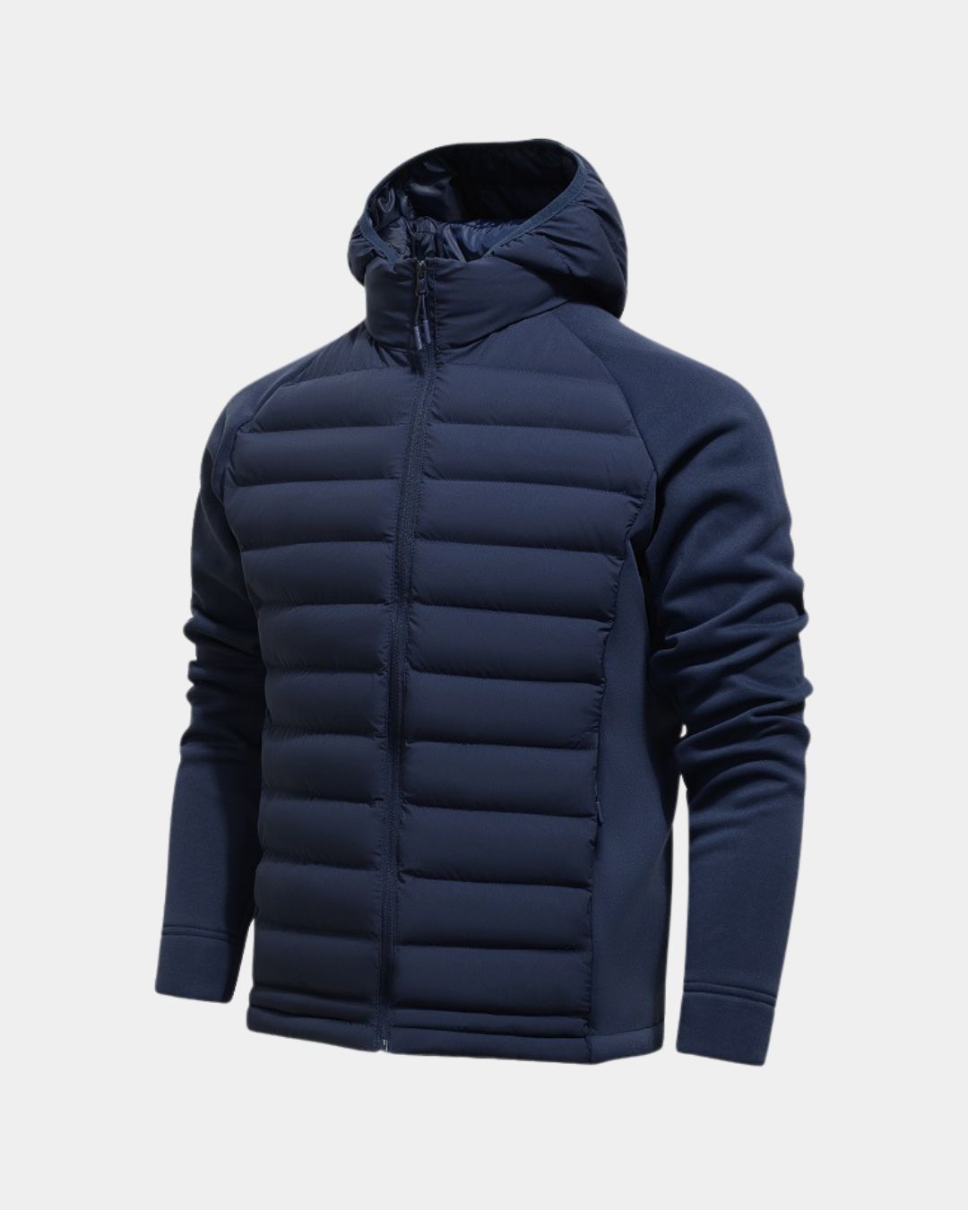 Men’s navy blue hybrid puffer jacket with a quilted front, attached hood, full-zip closure, and smooth knit sleeves.
