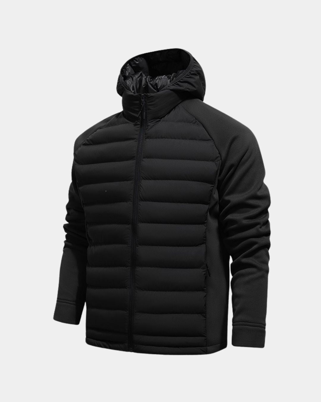 Men’s black lightweight hybrid puffer jacket with a quilted body, attached hood, and smooth contrasting sleeves.