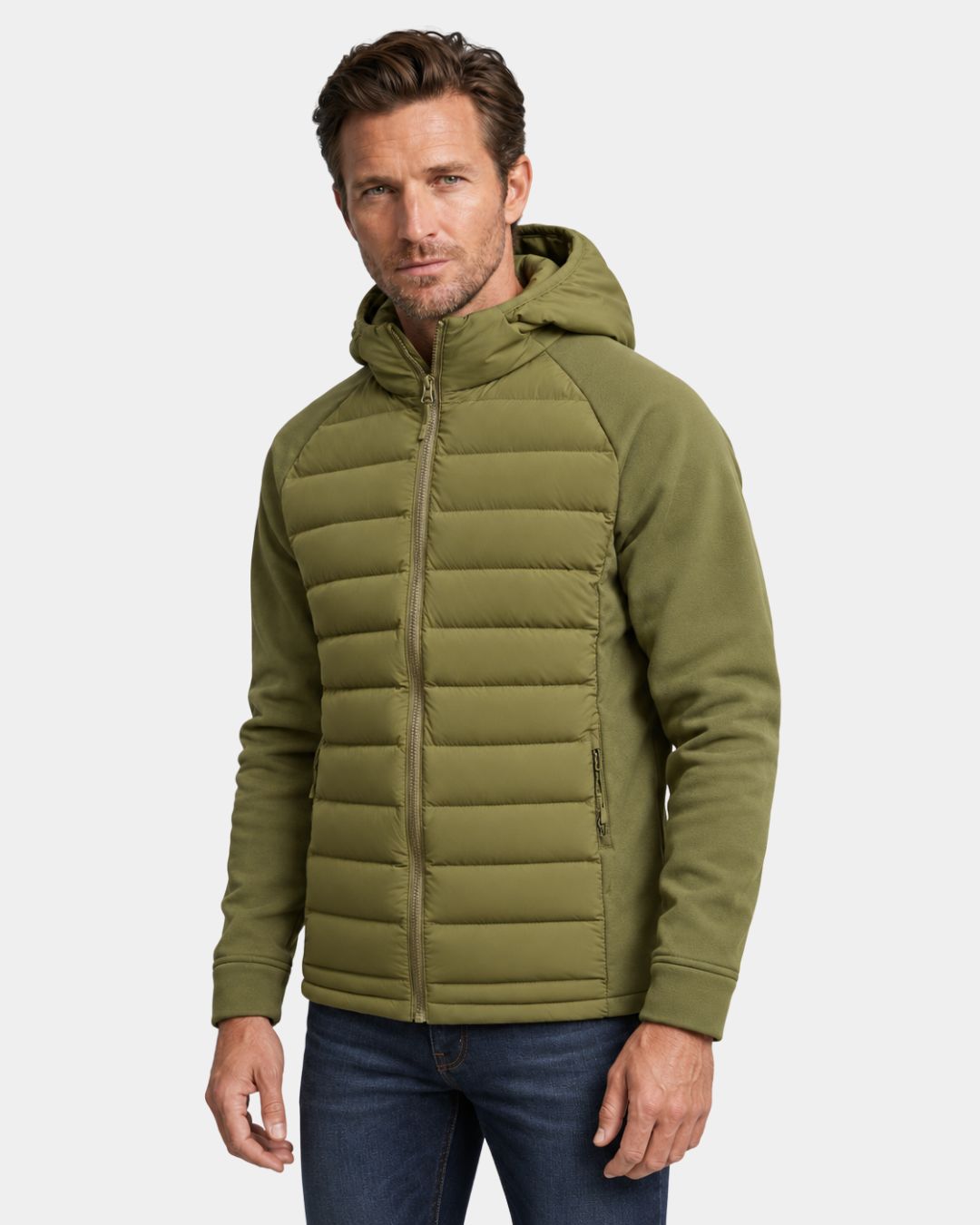 Olive green lightweight hybrid puffer jacket with a hooded, quilted front and smooth sleeves for men.