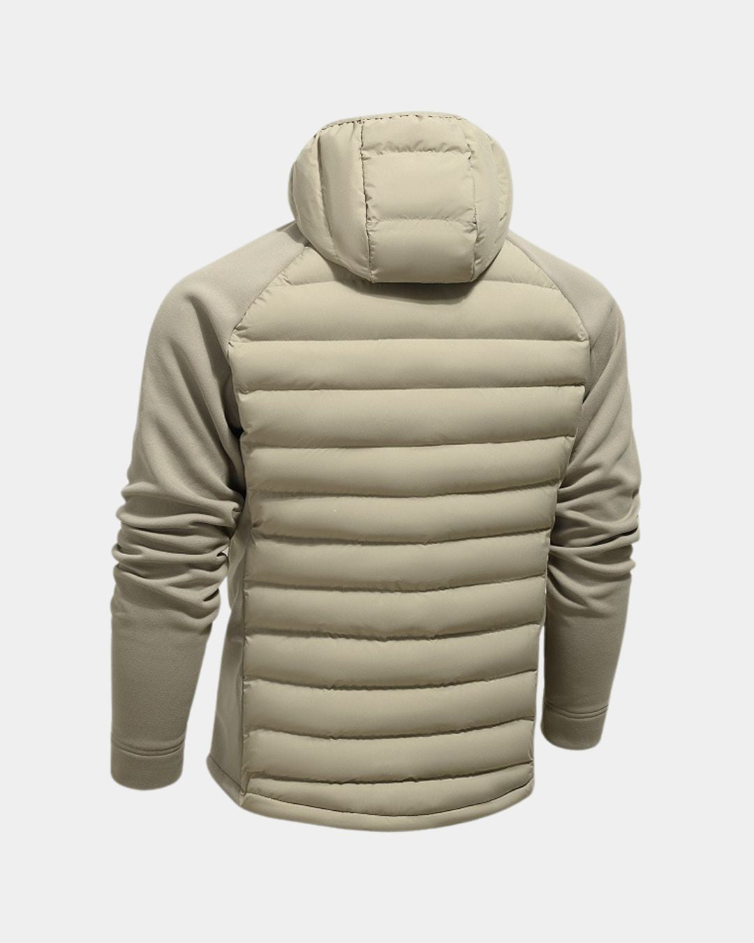 Beige men’s hybrid hooded puffer jacket with a quilted back panel and smooth contrasting sleeves.