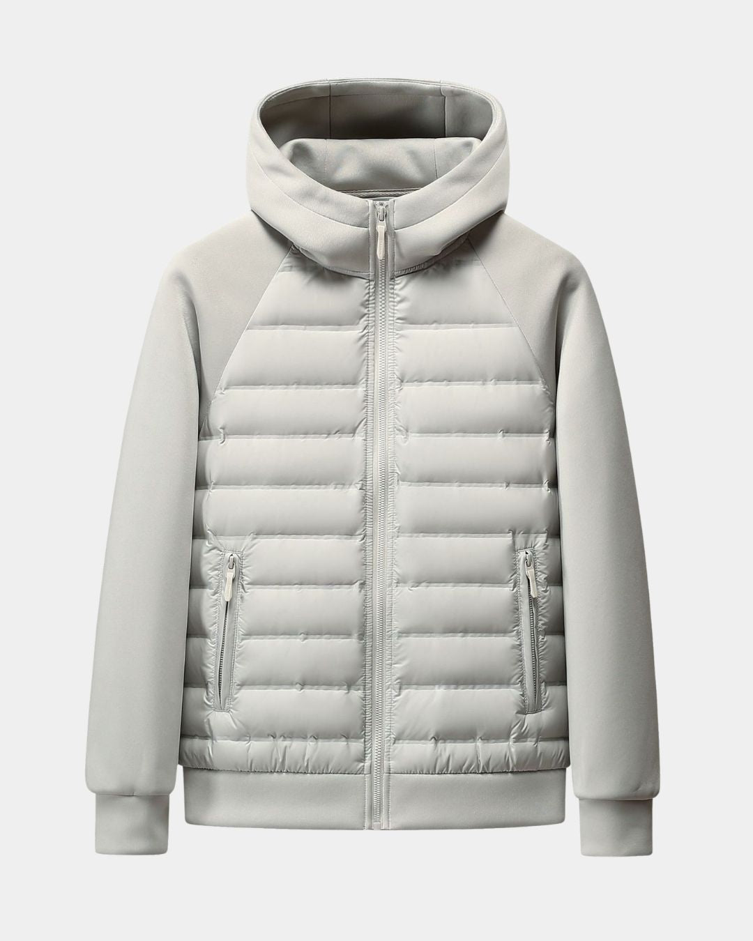 Light grey hybrid puffer jacket with quilted body, soft knit sleeves, hood, and zip pockets.