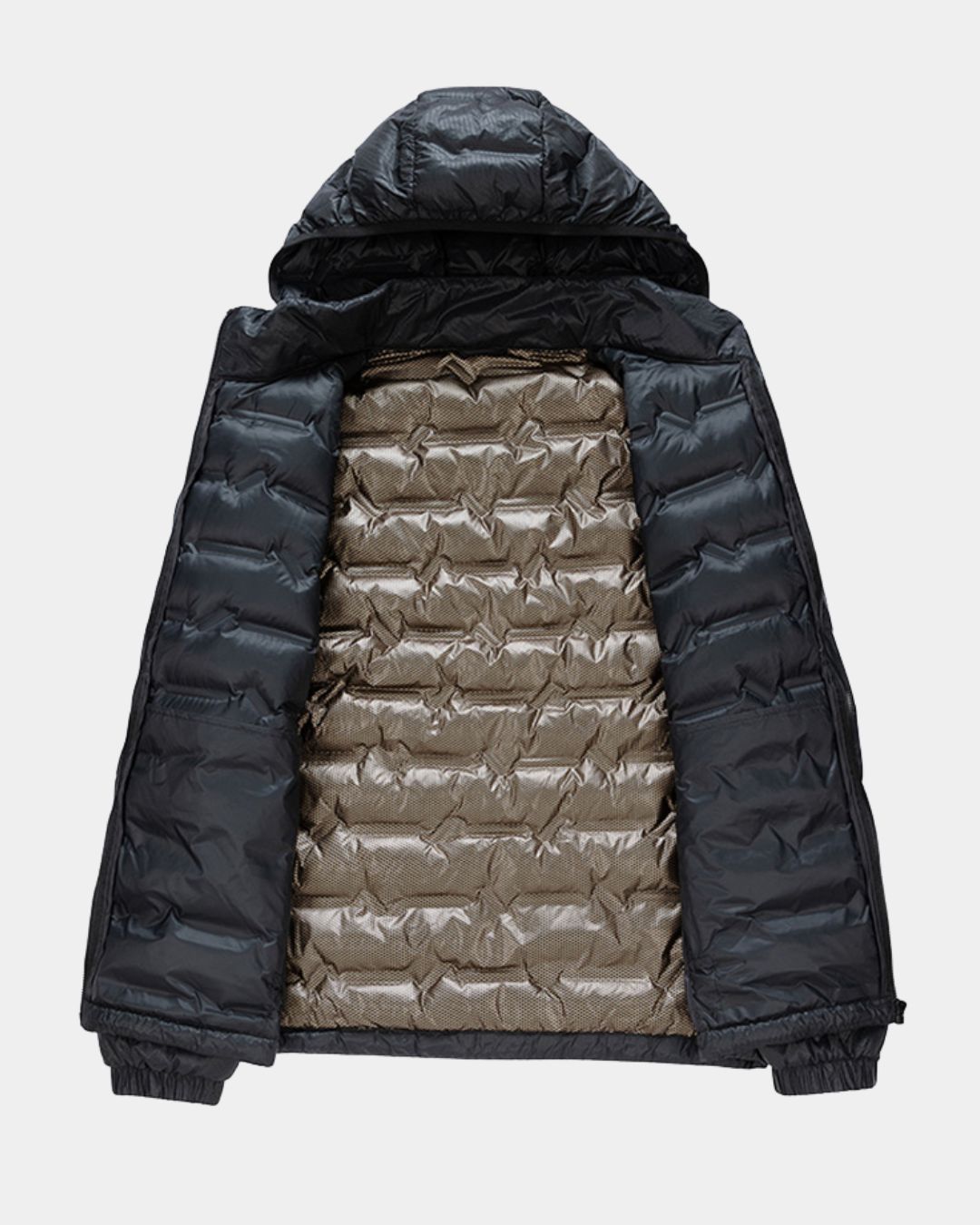 Black lightweight quilted down puffer jacket with a detachable hood and metallic interior lining.