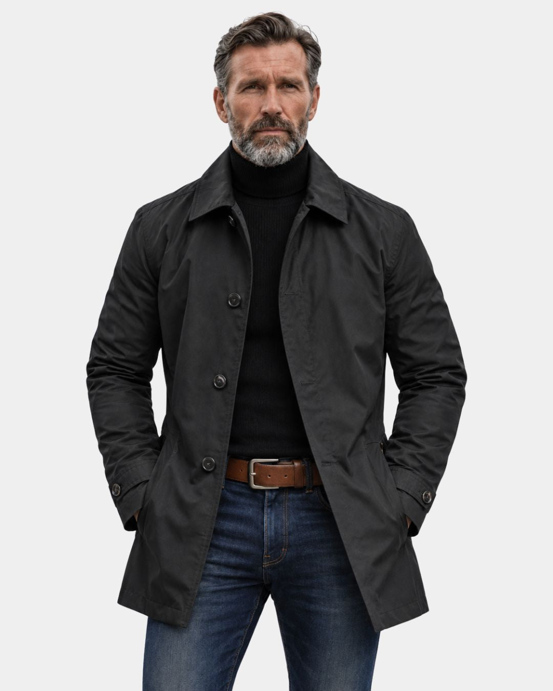 Men’s black lightweight short trench coat with a tailored car coat silhouette, button front, and side pockets.