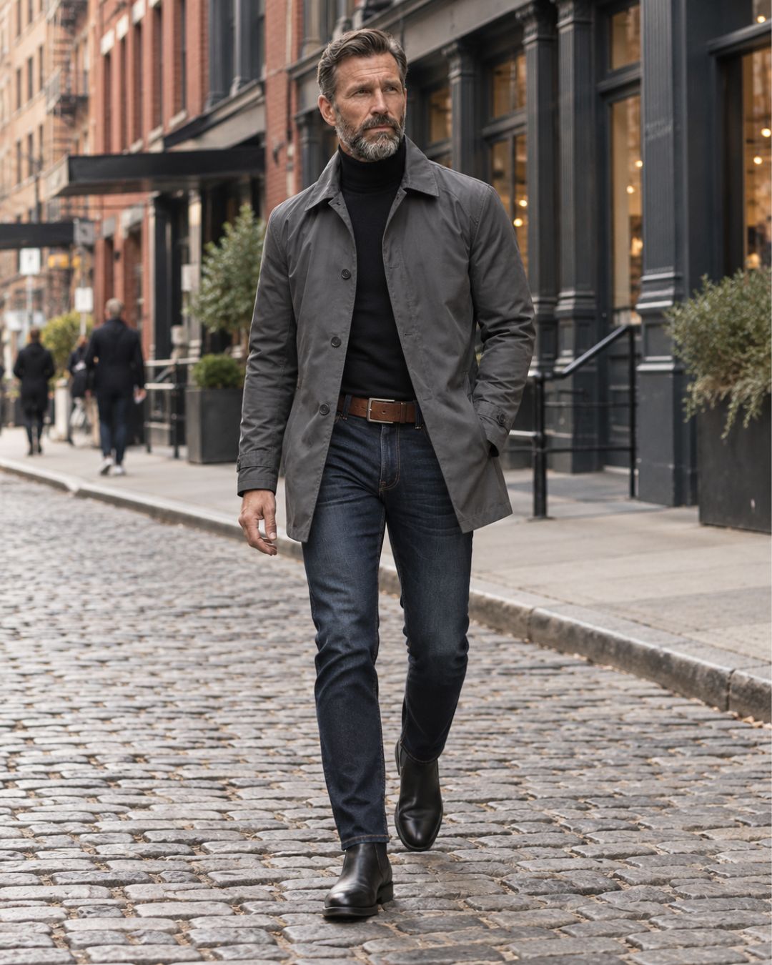 Man wearing a charcoal grey lightweight short trench coat over a black turtleneck and dark denim jeans on a city street.