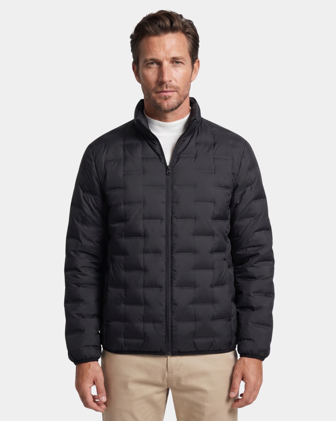 Men’s black lightweight down puffer jacket with a stand collar, quilted construction, and full-zip front.