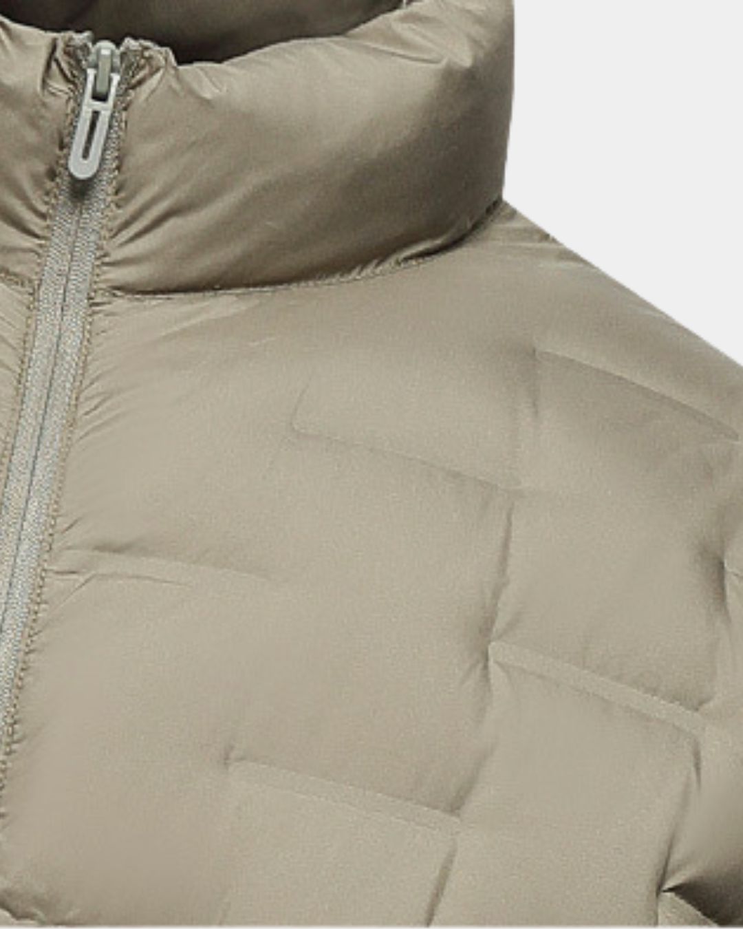 Close-up of a beige men's lightweight down puffer jacket featuring a stand collar, quilted construction, and a full-zip front.