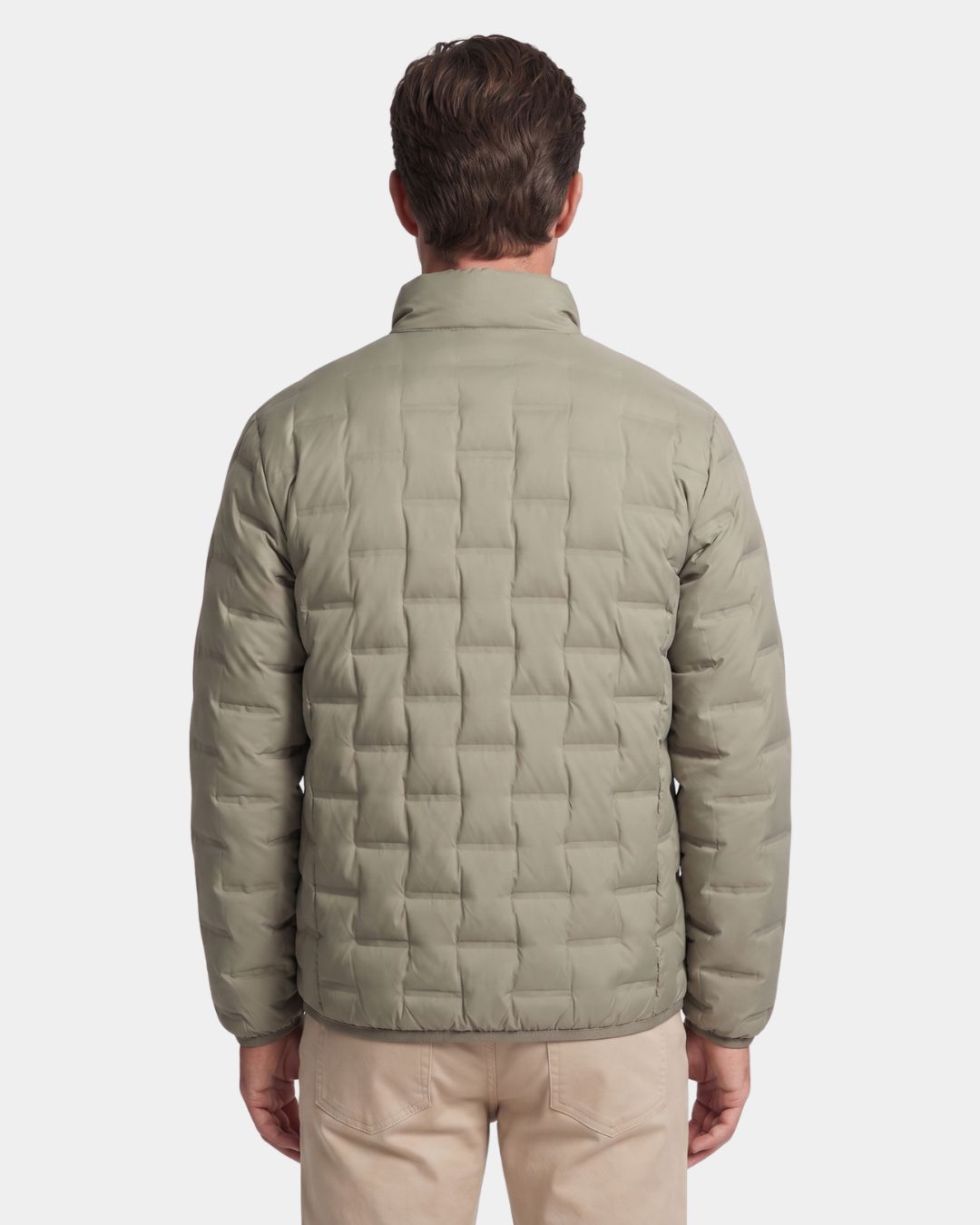 Back view of a sage green men’s lightweight down puffer jacket with a quilted design and stand collar.