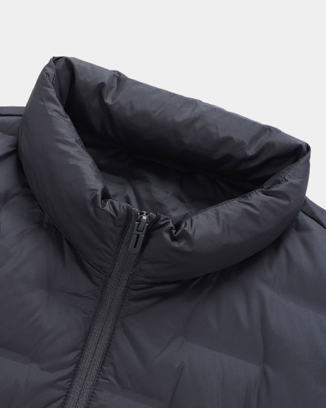 Black lightweight men's down puffer jacket featuring a clean stand collar and a full-zip front closure.