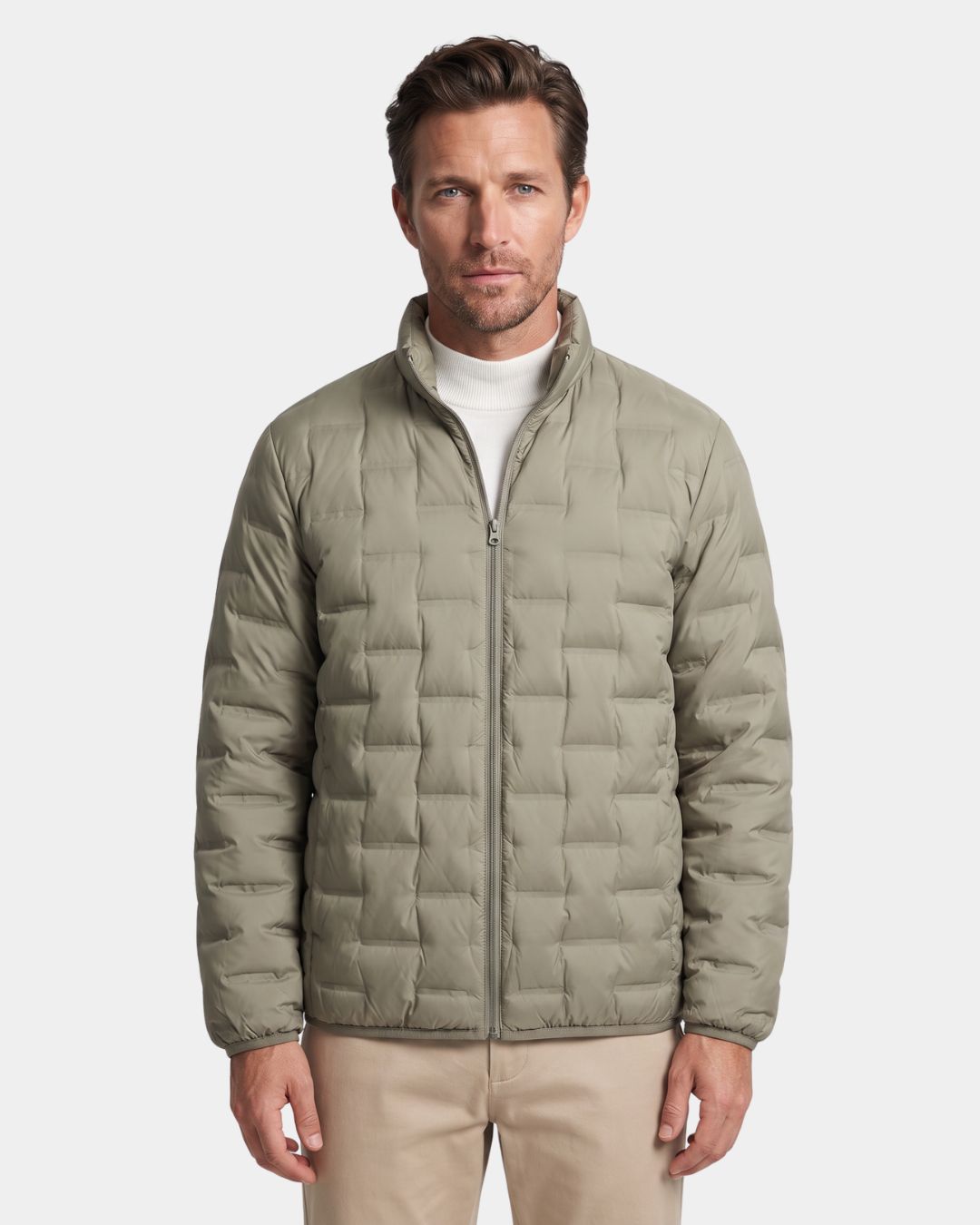Men's khaki lightweight down puffer jacket with a stand collar, quilted construction, and full-zip front.