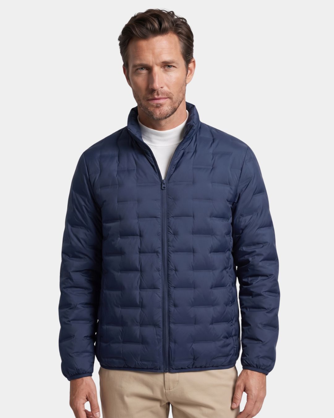 Men's navy blue lightweight down puffer jacket with a stand collar, quilted construction, and full-zip front.