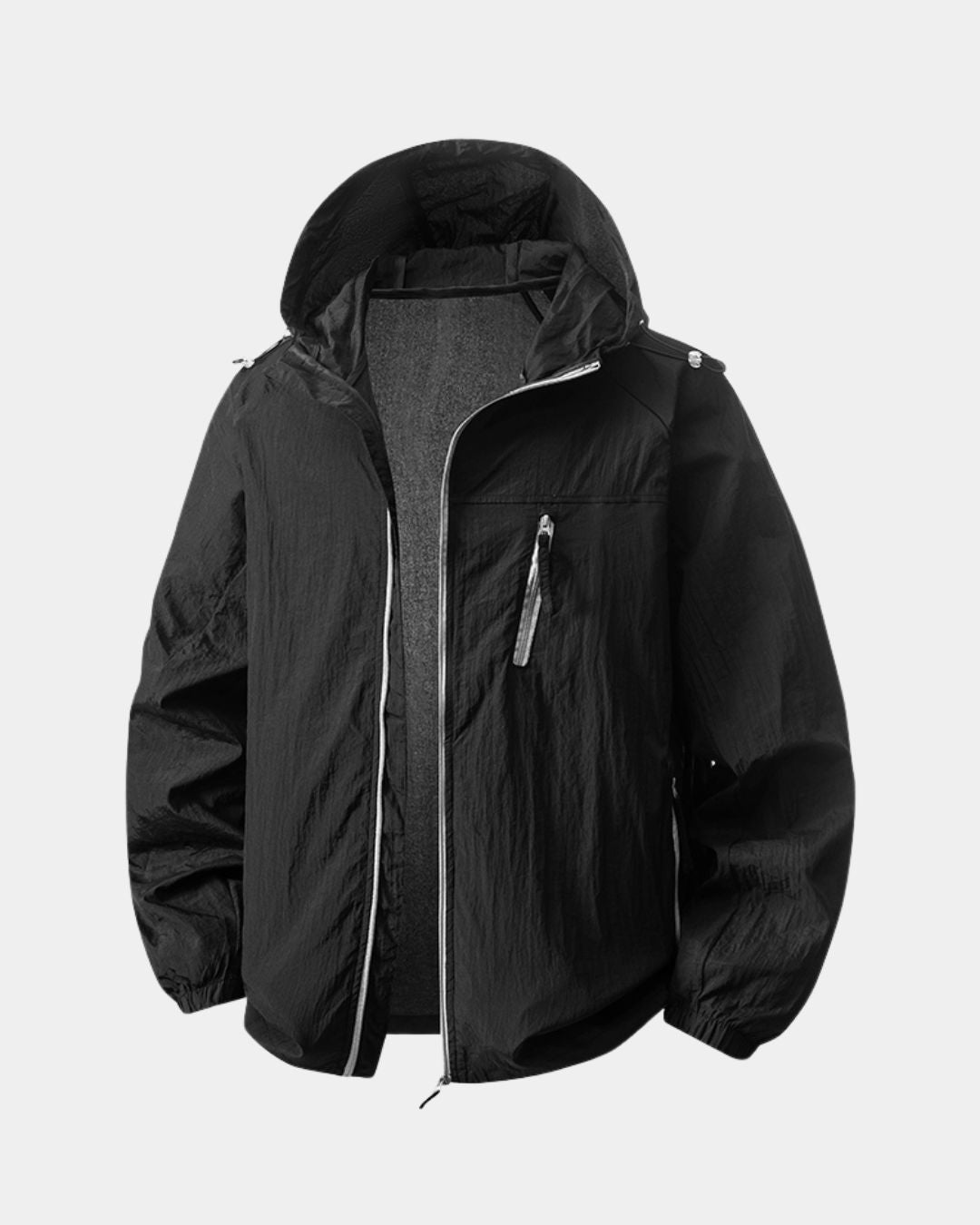 Black lightweight waterproof windbreaker jacket with a hood, full-zip front, and zippered chest pocket.