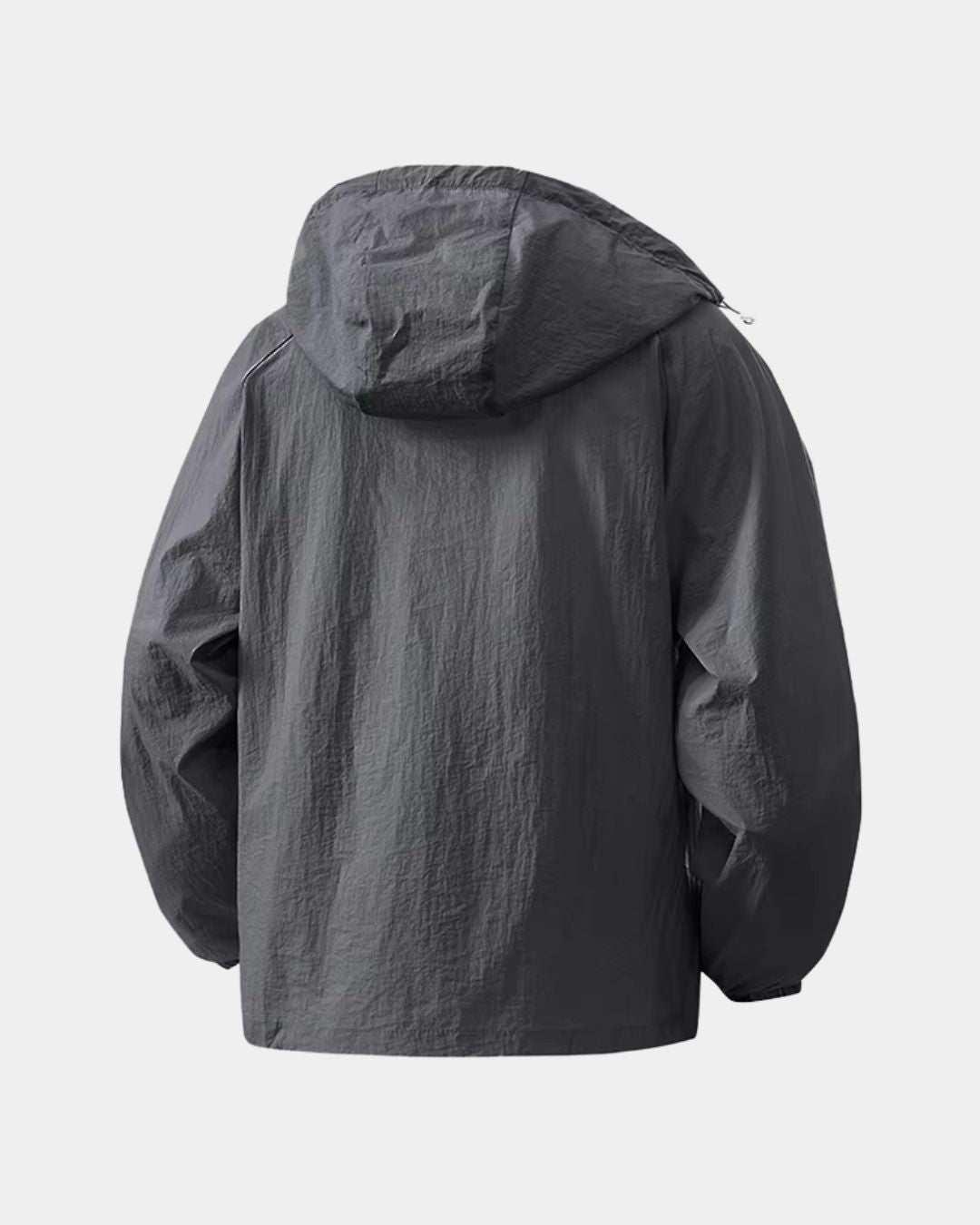 Back view of a charcoal grey, lightweight waterproof windbreaker jacket with a hood and reflective trim detailing.