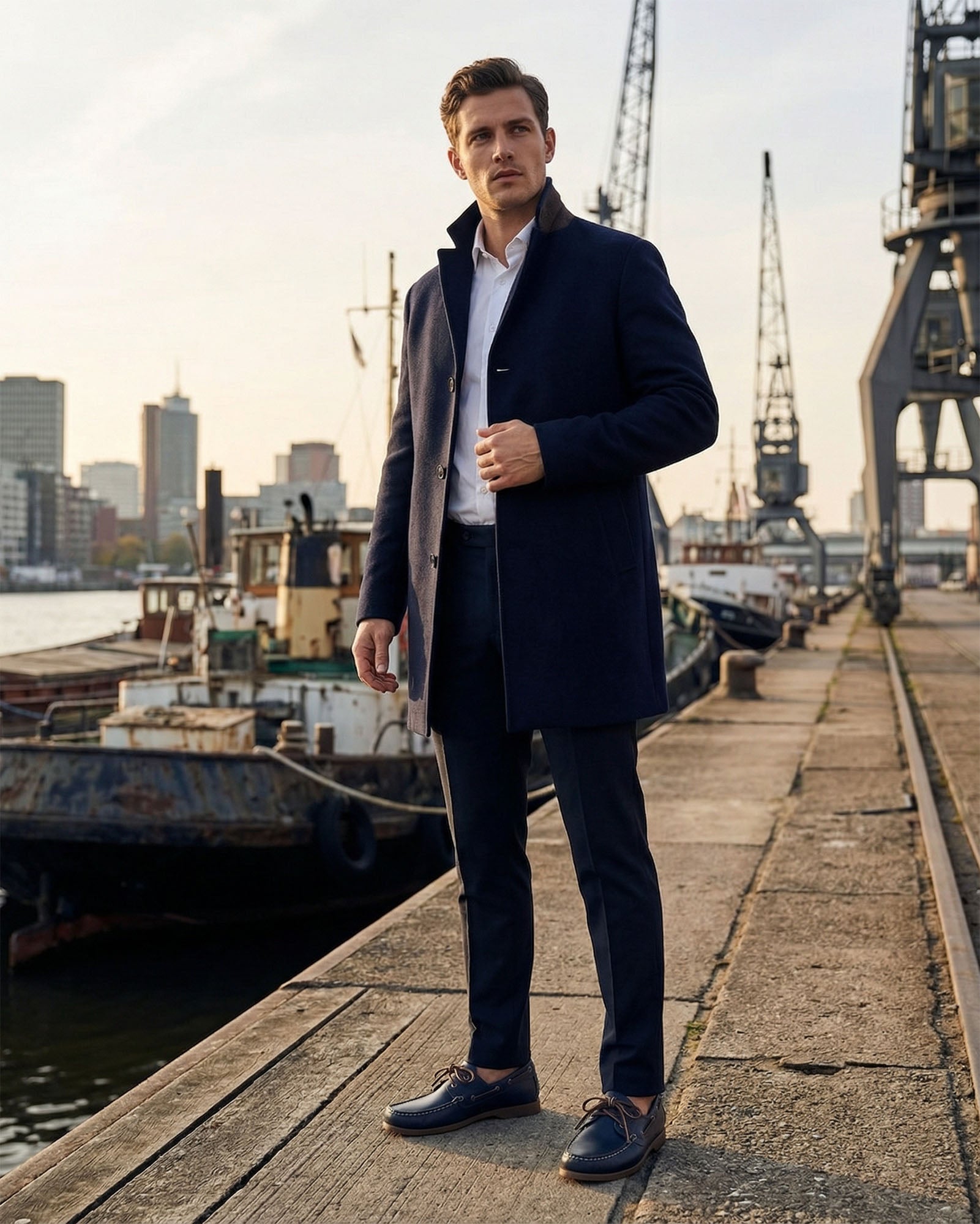 Men's navy lace-up boat shoes with bronze eyelets and brown sole worn at a harbour waterfront