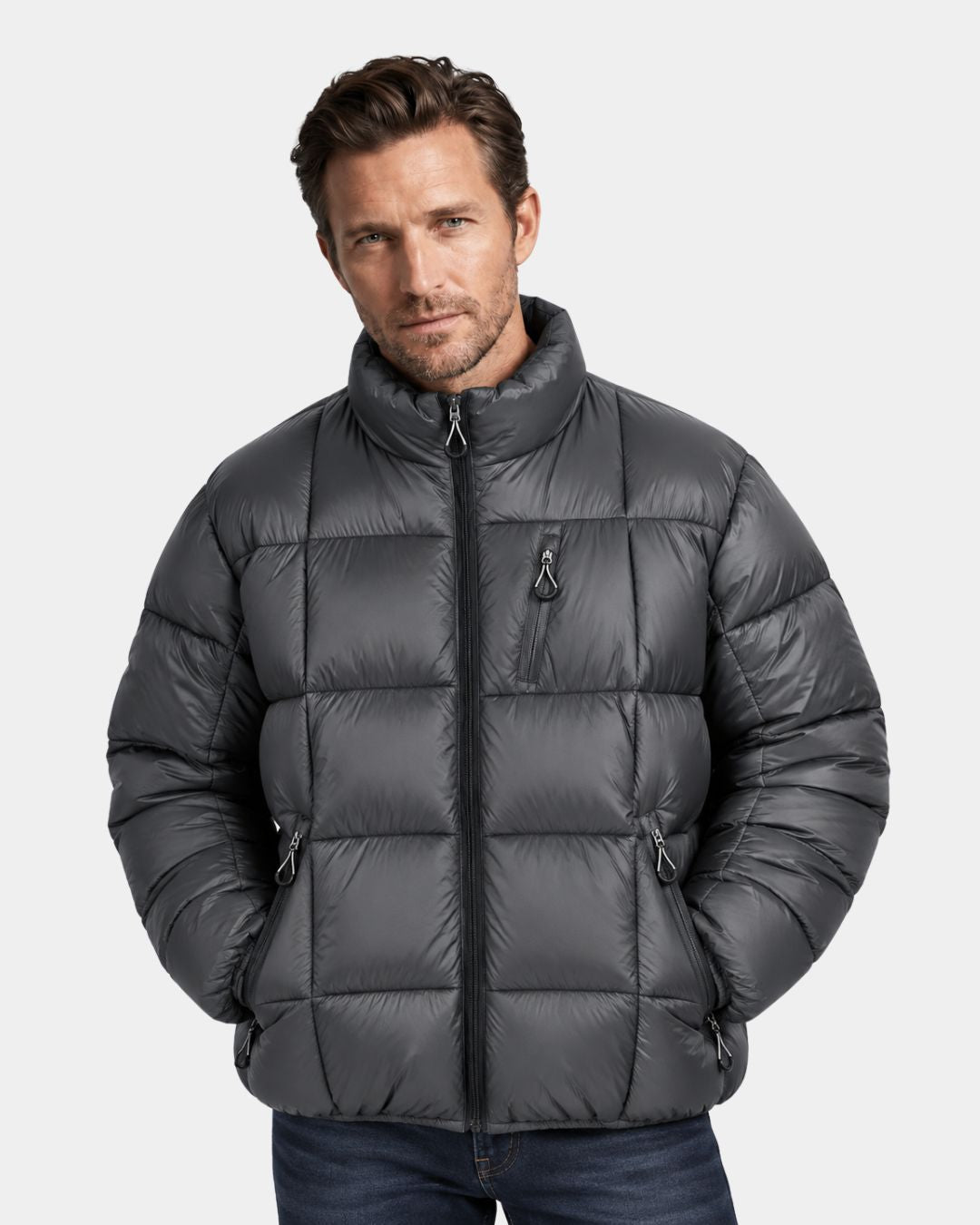 Men's charcoal grey padded puffer jacket with a stand collar, full front zipper, and zippered chest and side pockets.