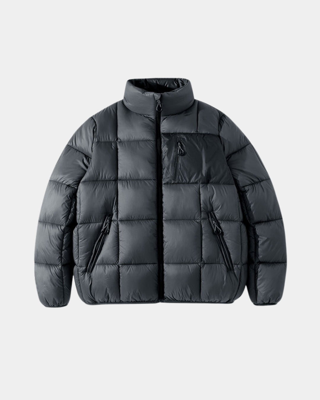 Men's charcoal grey puffer jacket with a stand collar, full zip front, and zippered chest and side pockets.