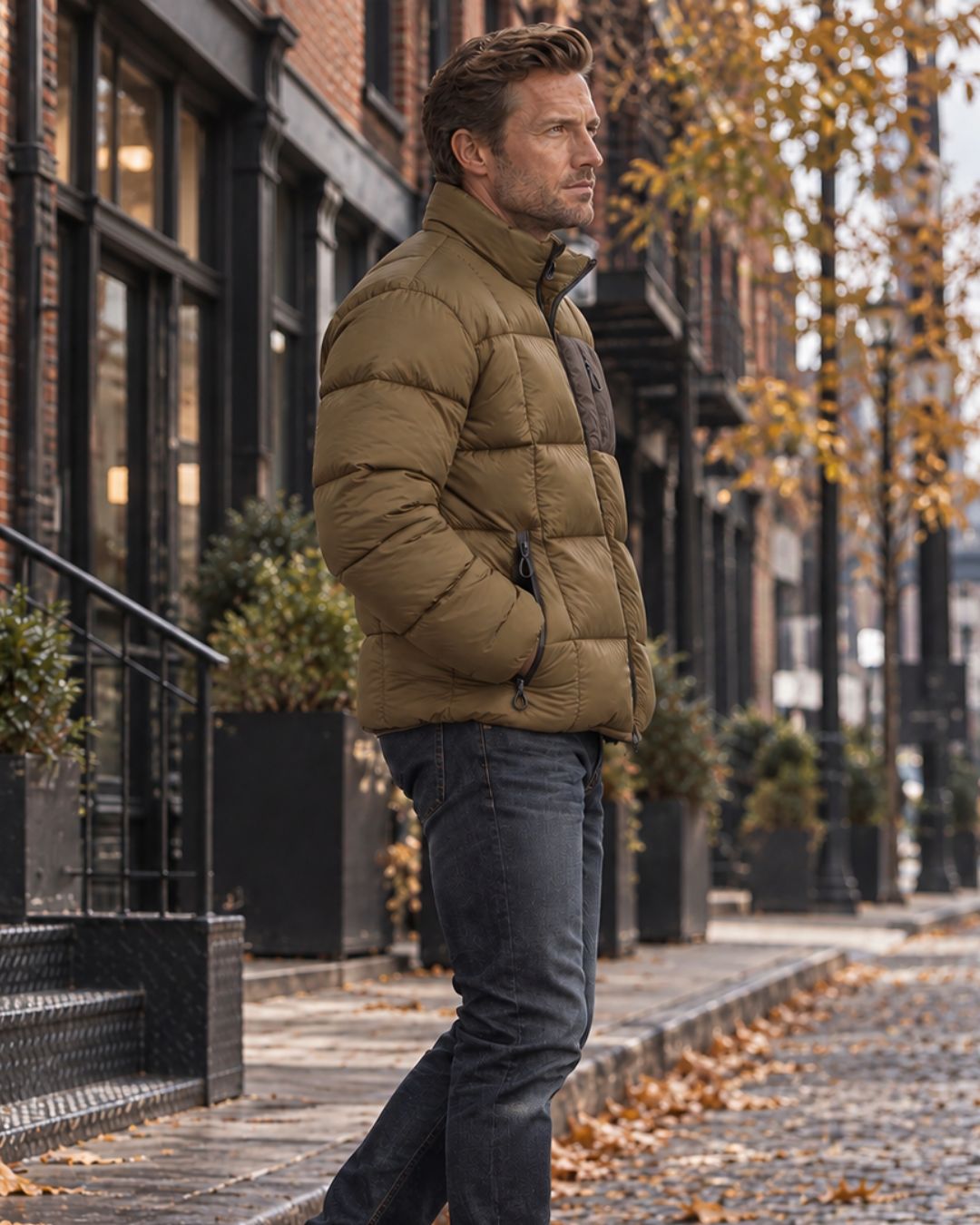 Olive green men's padded puffer jacket with stand collar, contrast chest pocket, and full zip, worn on a city street.