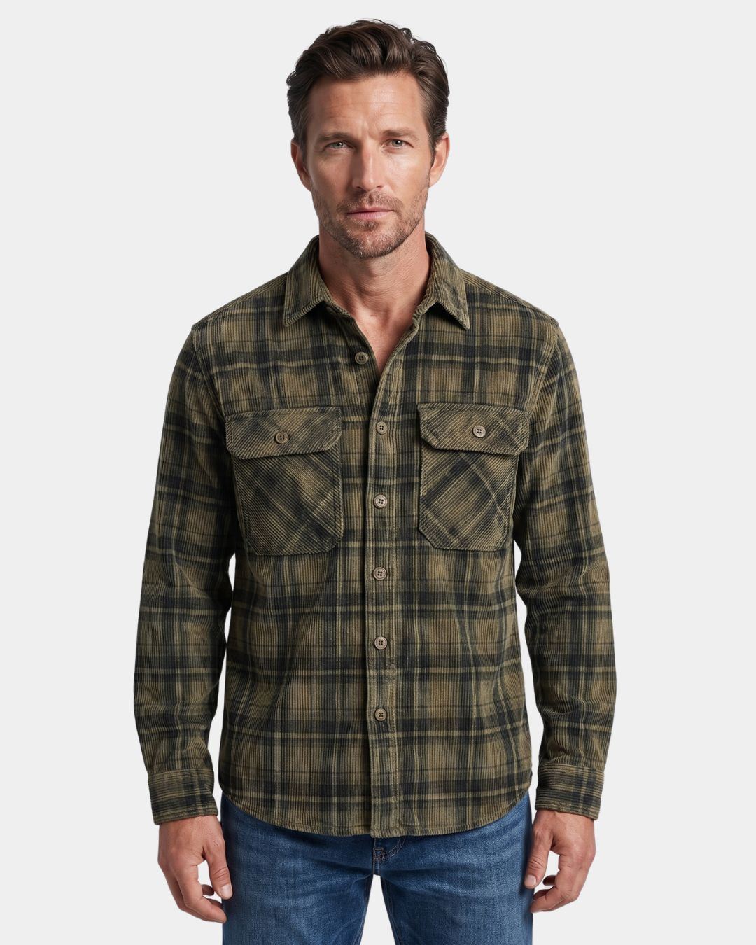 Men's olive green plaid corduroy long-sleeve shirt with a button-front, spread collar, and two flap chest pockets.