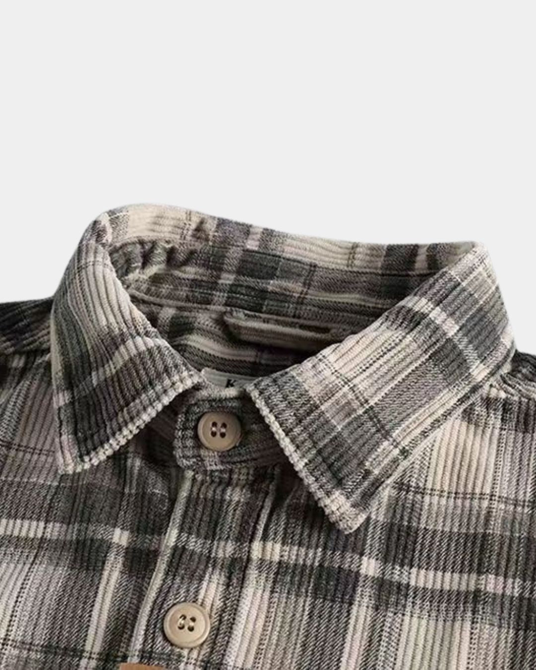 Grey and cream plaid corduroy long-sleeve shirt featuring a classic spread collar and button-front design.