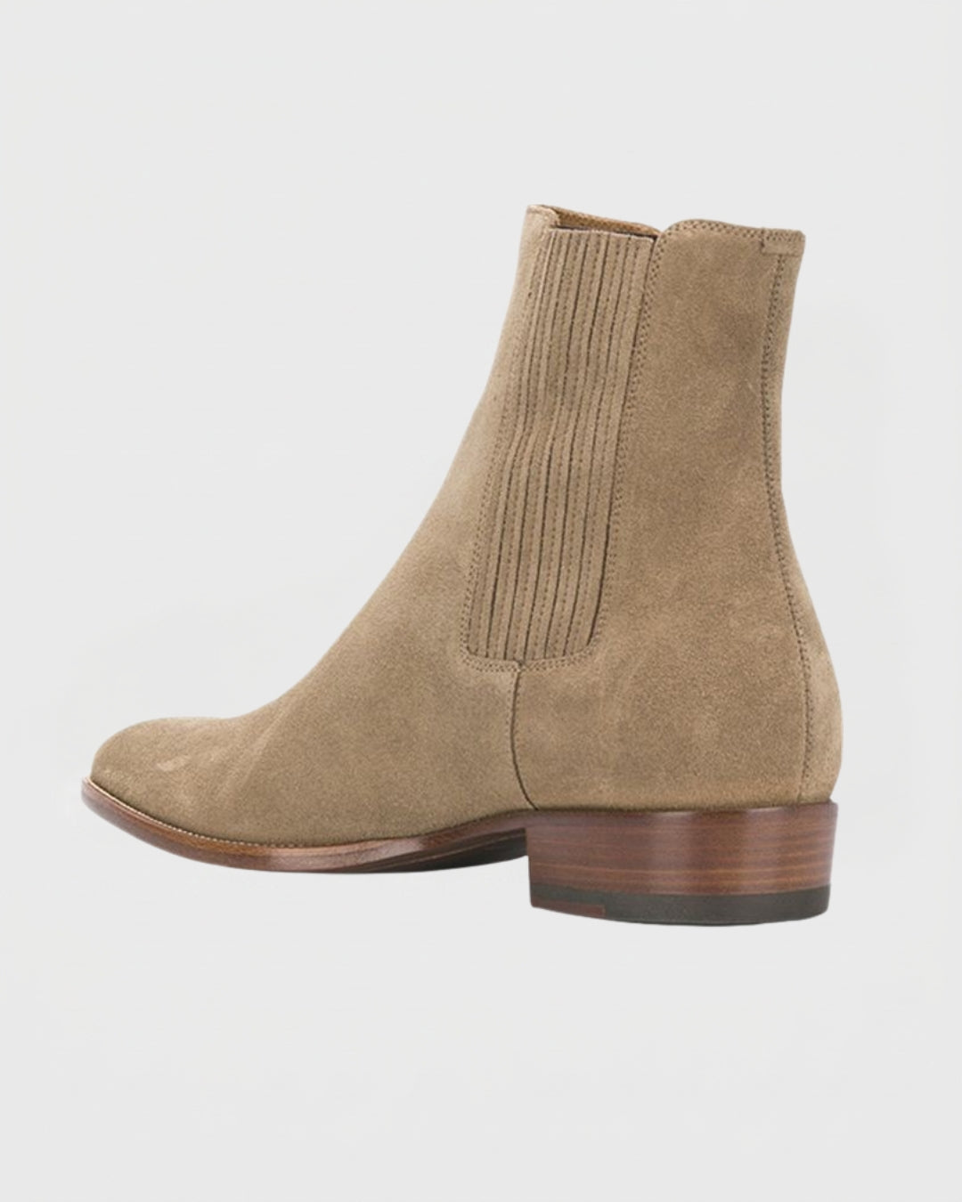 Men’s beige suede Chelsea boots with a pointed toe, elastic side panels, and a low stacked heel.