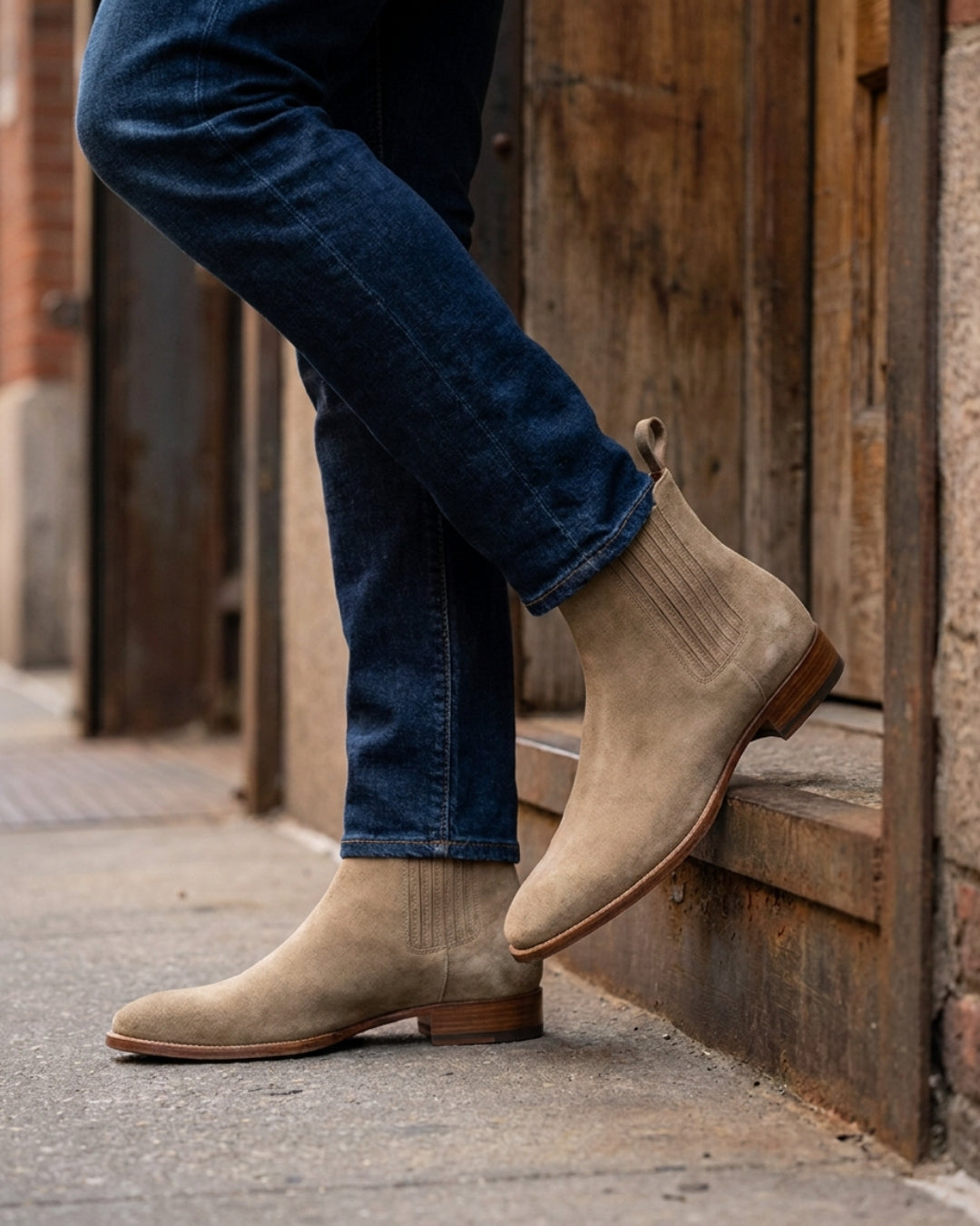 Men’s beige suede Chelsea boots with a pointed toe, elastic side panels, and a low stacked heel worn with dark jeans.