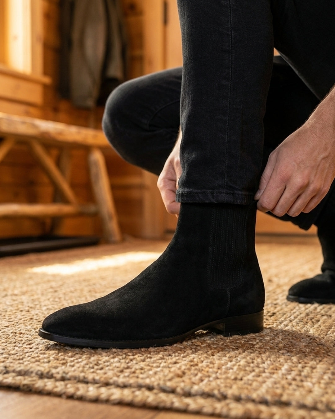 Men’s black suede Chelsea boots with a pointed toe, elastic side panels, and a low heel worn with black denim.