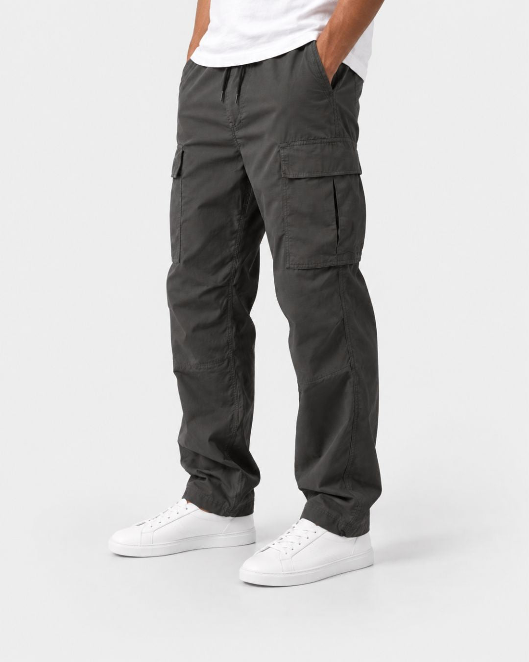 Men’s charcoal relaxed-fit cargo pants with a drawstring waist, side flap pockets, and adjustable hem drawcords.