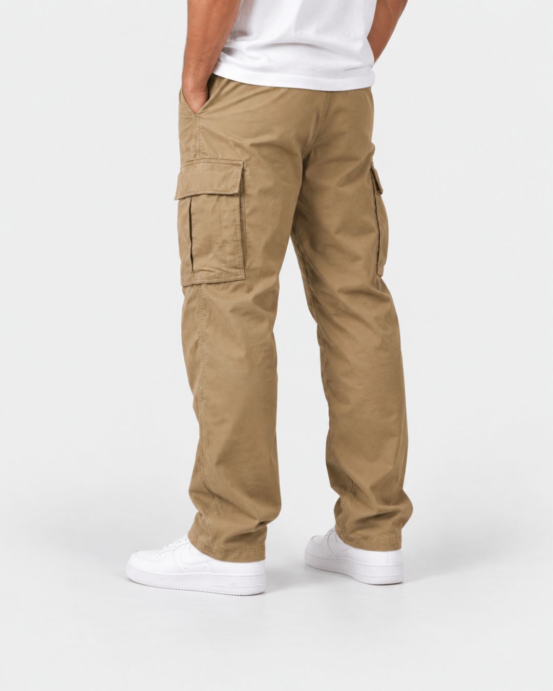 Men’s relaxed-fit khaki cargo pants with side flap pockets, an elasticated drawstring waist, and straight-leg silhouette.