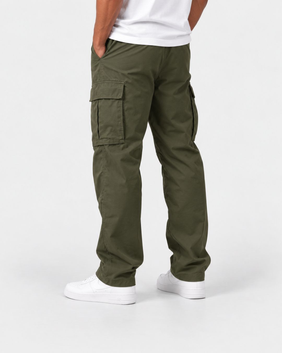 Olive green men's relaxed fit cargo pants with side flap pockets and a comfortable drawstring waistband.
