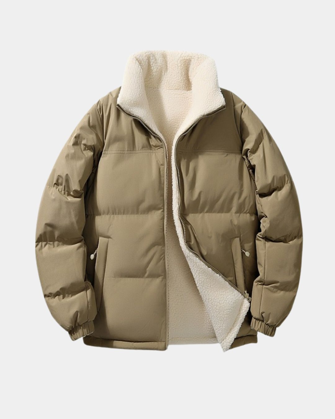 Tan reversible puffer jacket with a cream fleece interior, stand collar, and full-zip front design.