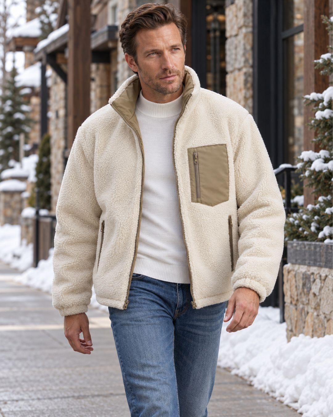 Man wearing a cream-colored reversible fleece puffer jacket with a stand collar and zippered chest pocket in a snowy setting.