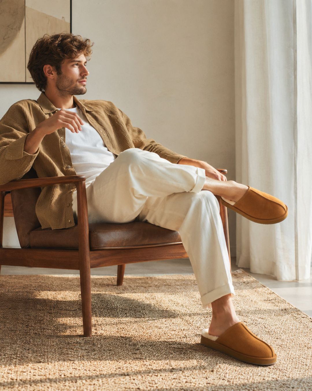 Man wearing tan sheepskin wool mule slippers with a durable rubber sole while relaxing in a chair.